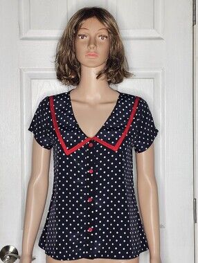 Love Audrey 3+1 Navy Blouse with White Polka Dots and Red Trinm